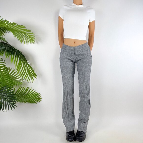 Womens Vintage Y2K Gray Linen Low Rise Indie Grunge Bootcut Chino Dress Pants /3 - Picture 4 of 7